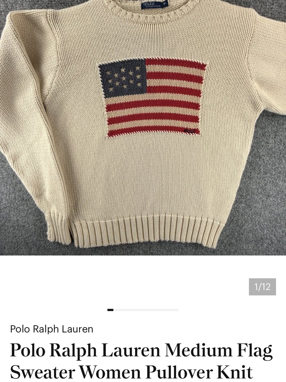 Polo by Ralph Lauren Cream Crewneck Sweater with Flag Motif